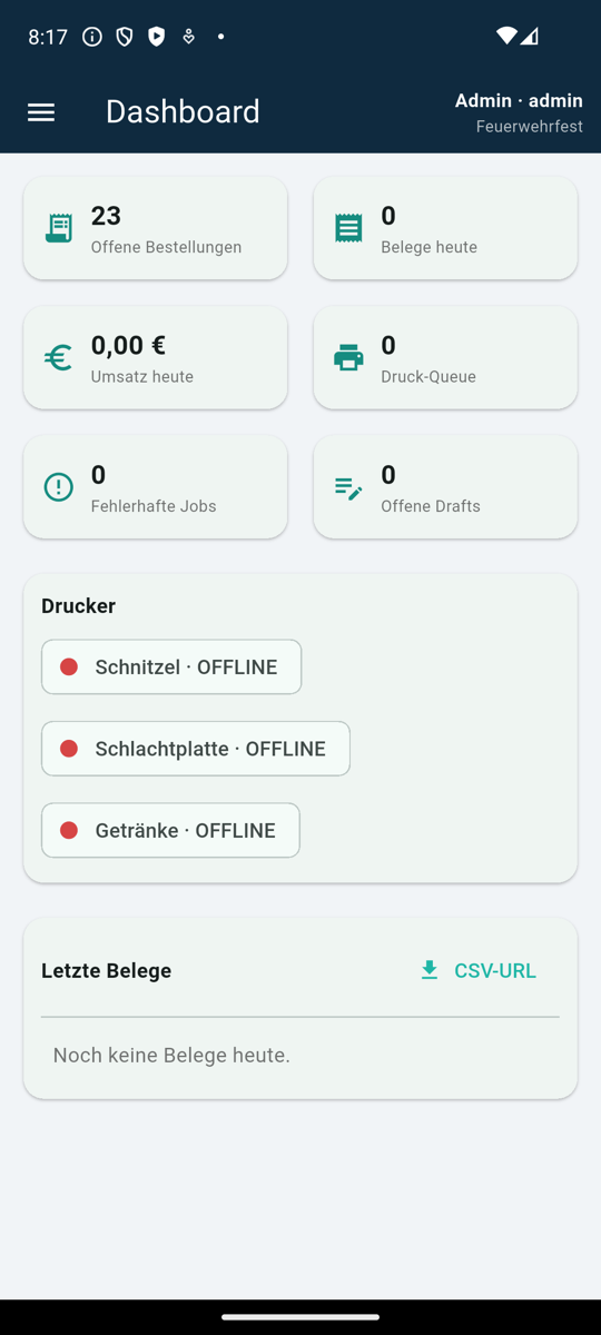Admin-Dashboard auf dem Smartphone: Kacheln mit offenen Bestellungen, Belegen, Umsatz und Druck-Queue, darunter drei Drucker mit rotem Status-Punkt