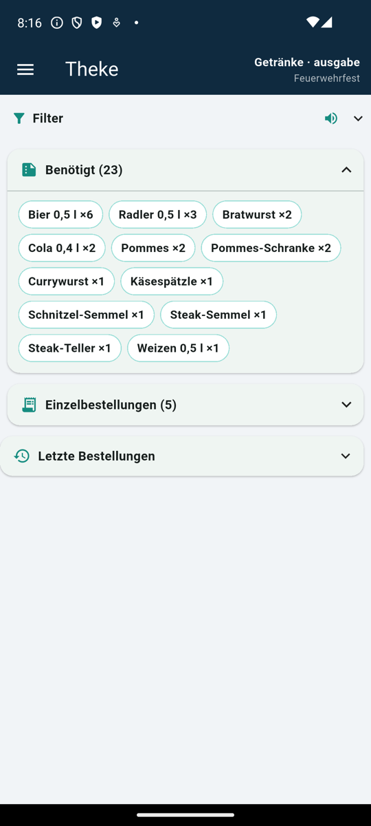 Theken-Ansicht auf dem Smartphone: aufgeklappte „Benötigt“-Liste mit 23 Artikeln als Kacheln, darunter zugeklappt Einzelbestellungen und letzte Bestellungen